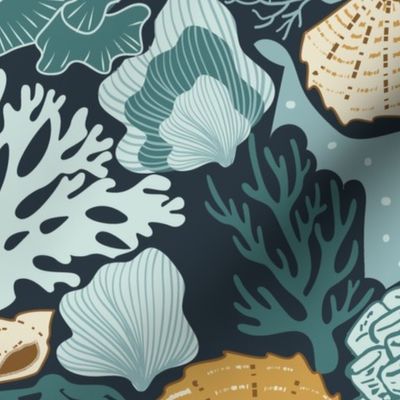 Shell Reef- Seashells on the ocean floor- Gold Isabelline shells in Teal Coral Reef on Dark Cyan Blue- Large Scale