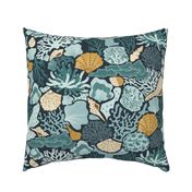 Shell Reef- Seashells on the ocean floor- Gold Isabelline shells in Teal Coral Reef on Dark Cyan Blue- Large Scale