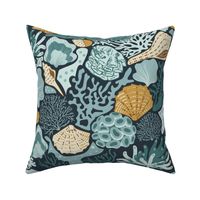 Shell Reef- Seashells on the ocean floor- Gold Isabelline shells in Teal Coral Reef on Dark Cyan Blue- Large Scale