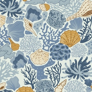 Shell Reef- Seashells on the ocean floor- Gold Isabelline shells in Blue Coral Reef on Honeydew White- Large Scale