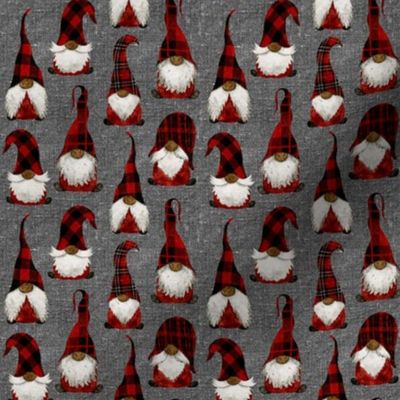 African American Red Buffalo Plaid Gnomes on Grey linen - extra extra small scale