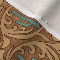 Wild West- Saguaro Tooled Leather Pattern- Verdigris Wheat Brown Leather Texture- Small Scale