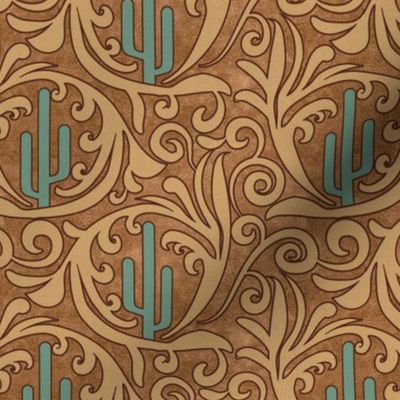 Wild West- Saguaro Tooled Leather Pattern- Verdigris Wheat Brown Leather Texture- Small Scale