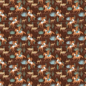 Wild West- Cowgirl Cowboy Herding Cattle in the Desert- Wheat Russet Tangerine Aqua Verdigris on Brown Leather Texture- Small Scale