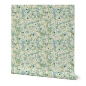 Blue Cream and Green Floral Abstract