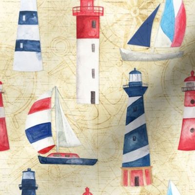 Watercolor Lighthouses and Sailboats