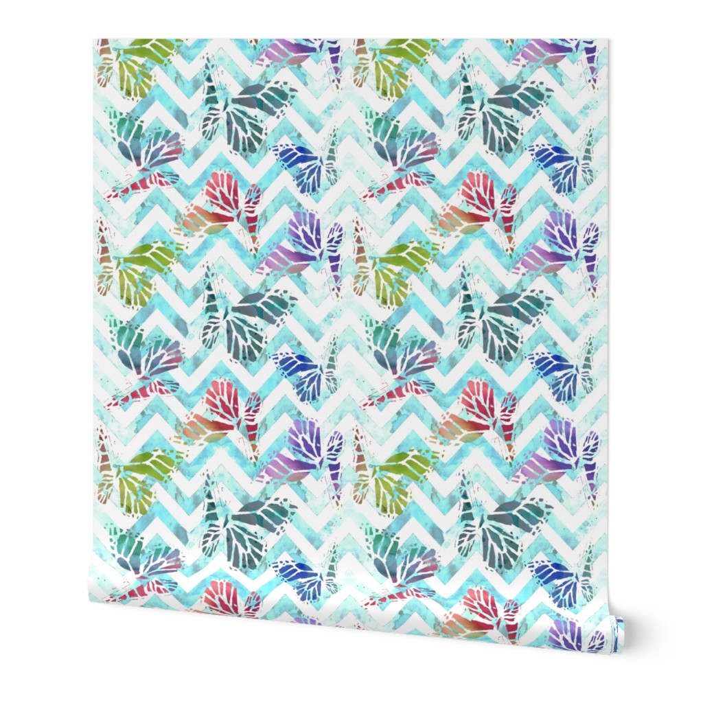 watercolor butterflies on aqua chevron