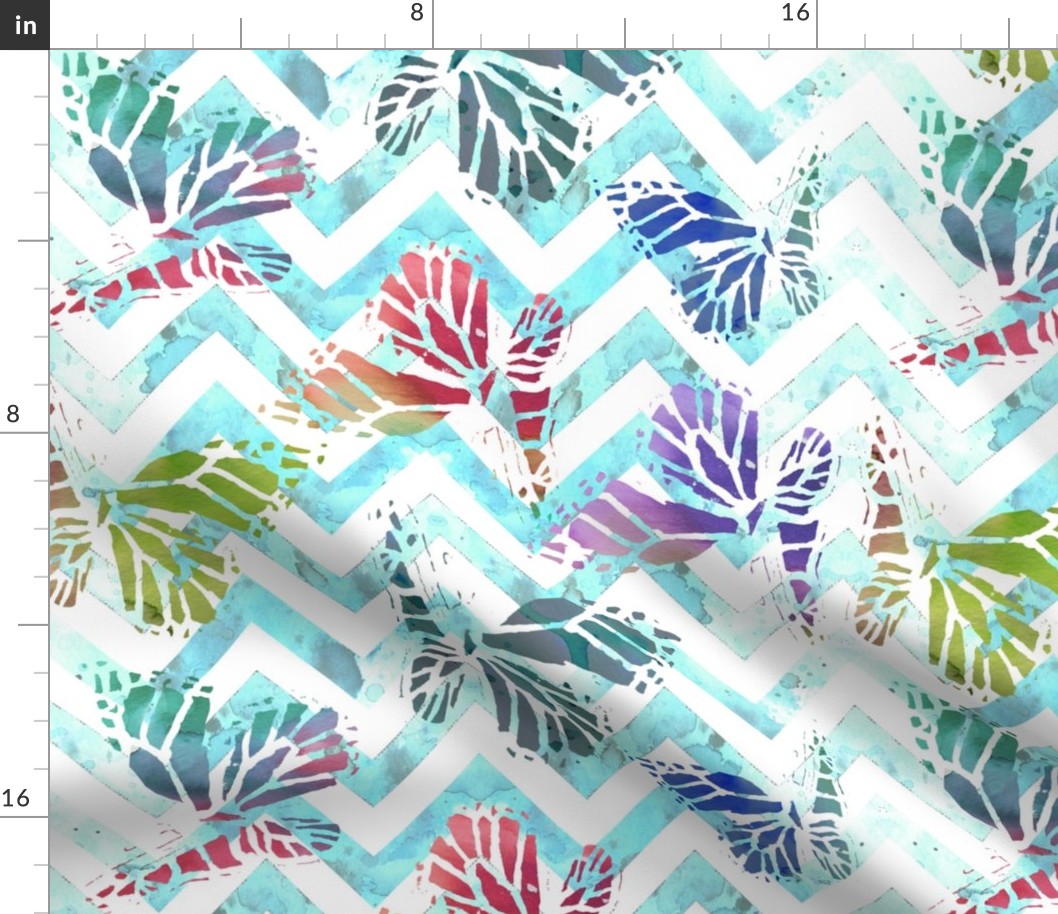 watercolor butterflies on aqua chevron