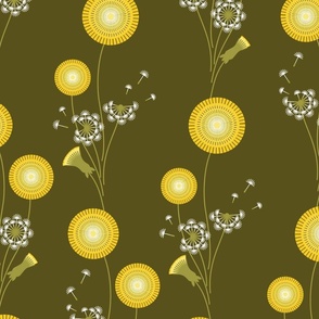 Dashing Dandelions I Background Moss Green I XL size