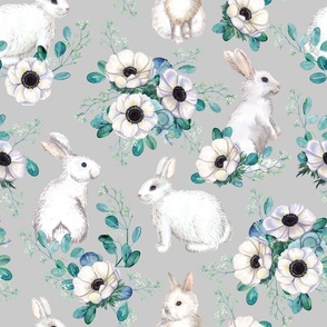 Bunnies & Anemones, gray (large scale)
