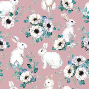 Bunnies & Anemones, pink (large scale)