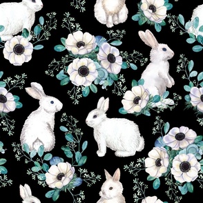 Bunnies & Anemones, black (large scale)