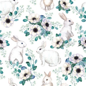 Bunnies & Anemones, white (large scale)