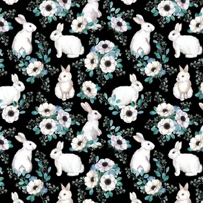 Bunnies & Anemones, black (small scale)