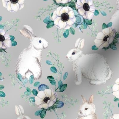 Bunnies & Anemones, gray (small scale)
