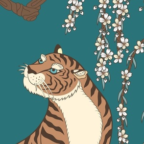tiger under flowering tree, green (extra large scale)