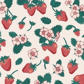 Painted Strawberries and Flowers on Cream