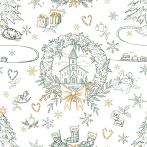 Christmas Day toile - antique gold & green