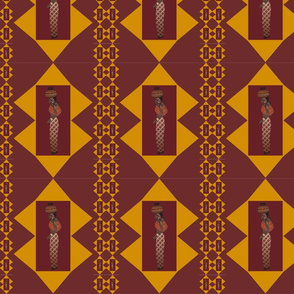 African lady in maroon and gold with tiny ladies