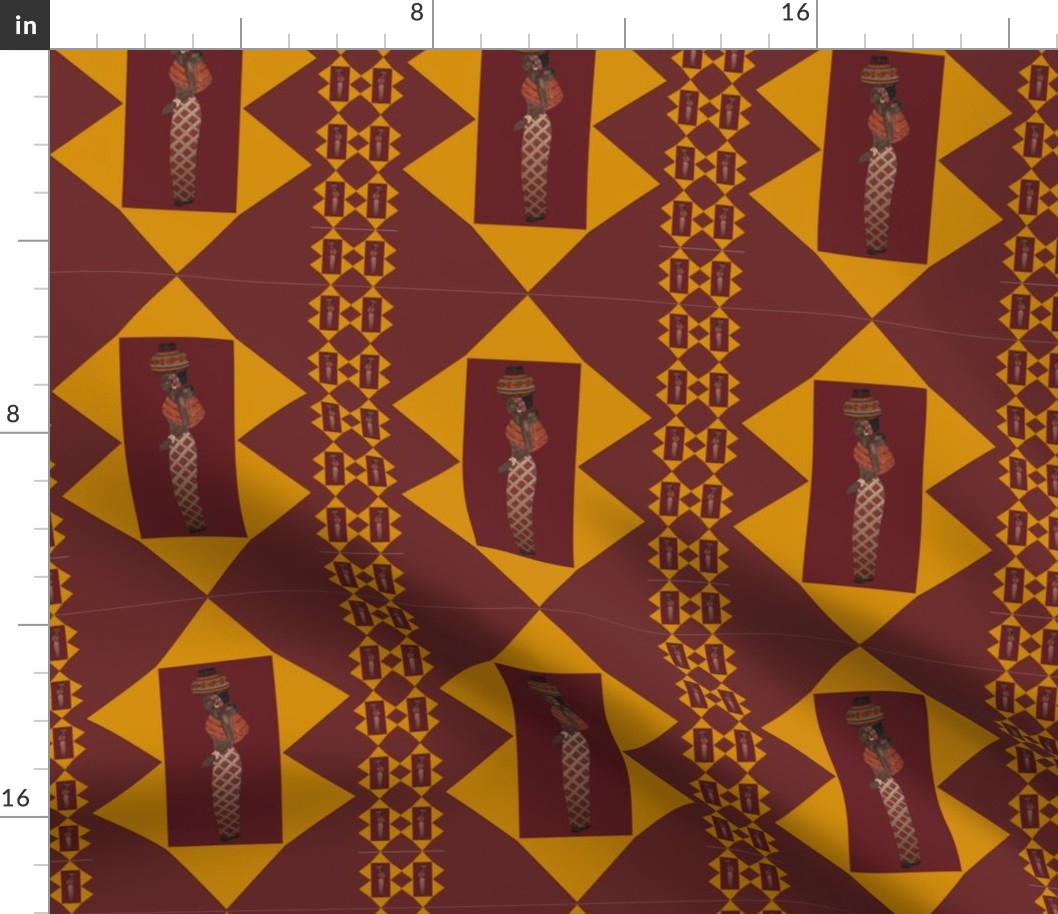 African lady in maroon and gold with tiny ladies