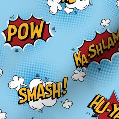 Comic book superhero words with Half-tone LARGE scale on blue