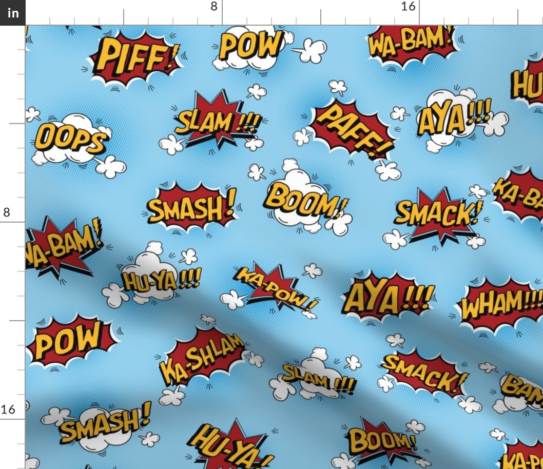 Comic book superhero words with Half-tone LARGE scale on blue