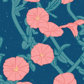 Art Nouveau Beach Morning Glories - Coral Pink and Navy
