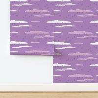 Seagulls Soaring Through the Clouds at Sunset - Monochromatic Purple