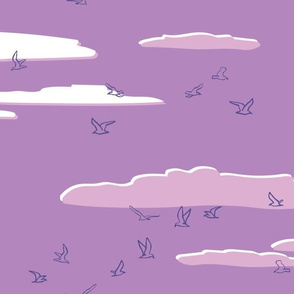 Seagulls Soaring Through the Clouds at Sunset - Monochromatic Purple