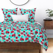 watercolor poppies on plaid in aqua, red and white