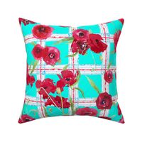 watercolor poppies on plaid in aqua, red and white