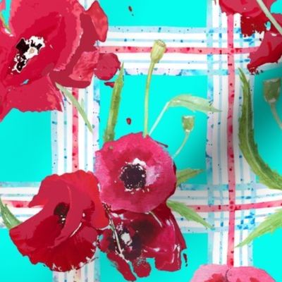 watercolor poppies on plaid in aqua, red and white