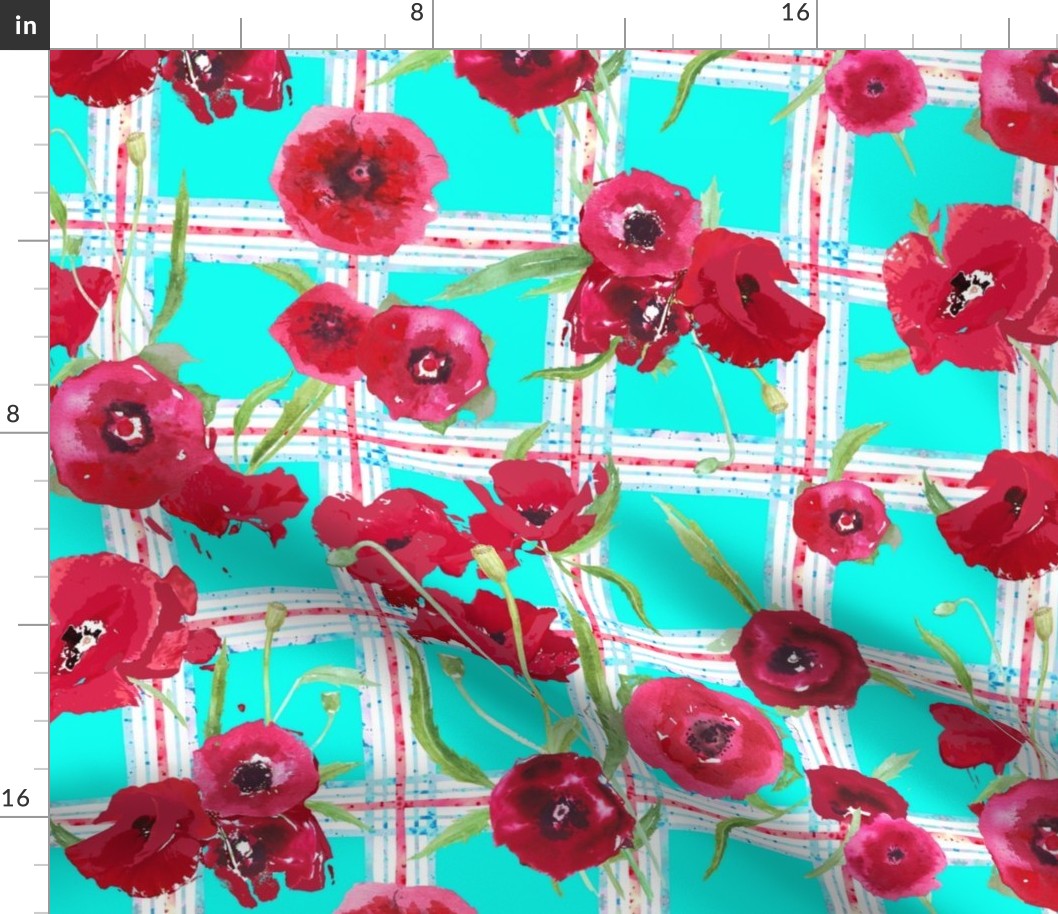 watercolor poppies on plaid in aqua, red and white