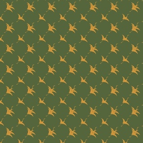 Small Scale Japanese Flying Cranes in Gold on Forest Green