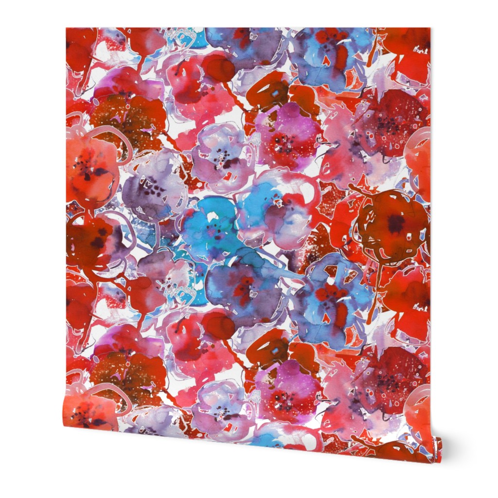 watercolor large summer flowers red and blue