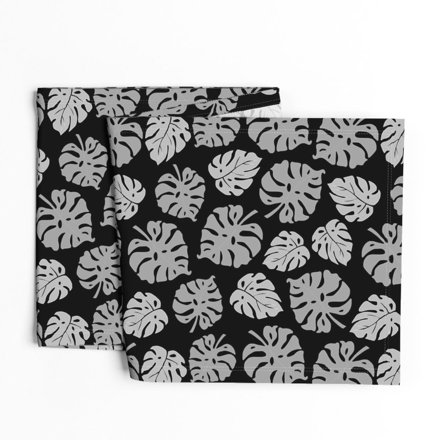 Monstera Leaves in freefall - silver grey on black, medium/large 