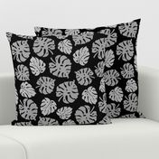 Monstera Leaves in freefall - silver grey on black, medium/large 