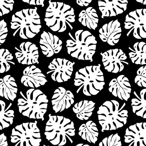 Monstera Leaves in freefall - white on black, medium/large 