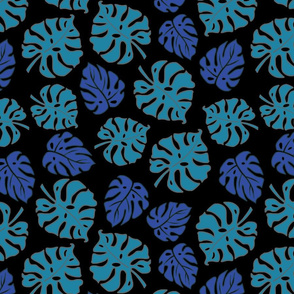 Monstera Leaves in freefall - blue in black, medium/large 