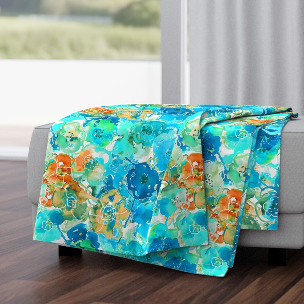 watercolor floral large orange aqua blue