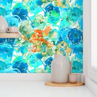 watercolor floral large orange aqua blue