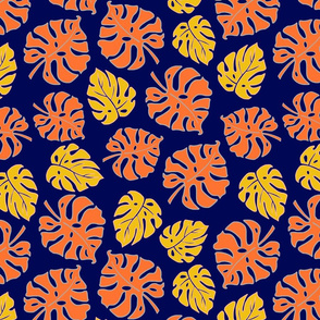 Monstera Leaves in freefall - citrus on midnight blue, medium/large 