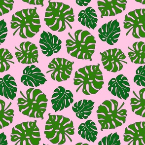 Monstera Leaves in freefall - green on blush pink, medium/large 