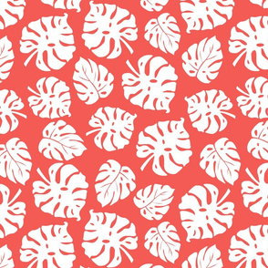 Monstera Leaves in freefall - white on coral, medium/large 
