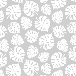 Monstera Leaves in freefall - white on silver grey, medium/large 
