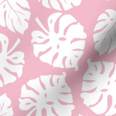 Monstera Leaves in freefall - white on blush pink, medium/large 