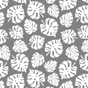 Monstera Leaves in freefall - white on ultimate gray, medium/large 