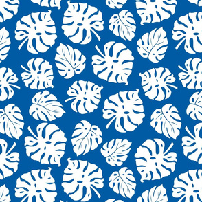 Monstera Leaves in freefall - white on ocean blue, medium/large 