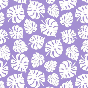 Monstera Leaves in freefall - white on lilac purple, medium/large 