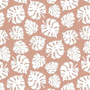 Monstera Leaves in freefall - white on sienna taupe, medium/large 